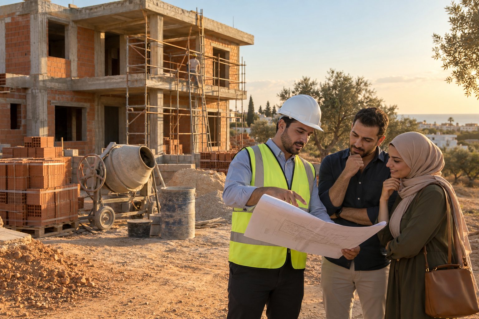 مهندس يشرح المخطّط لعائلة أمام دار في طور البناء في صفاقس